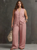 Two-piece cotton and linen set with sleeveless vest and wide-leg pants - Plus size model
