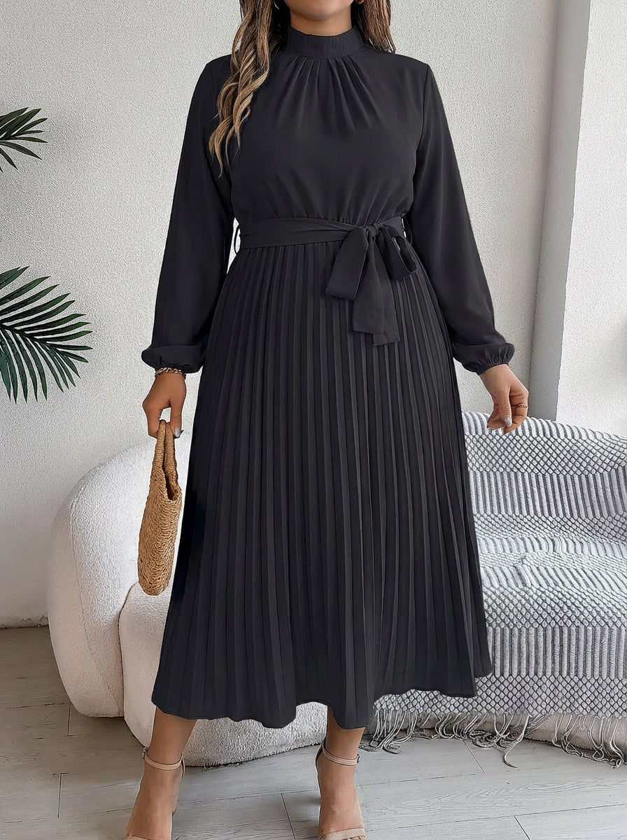 Priscilla | Pleated Belted Maxi Dress - Plus size model