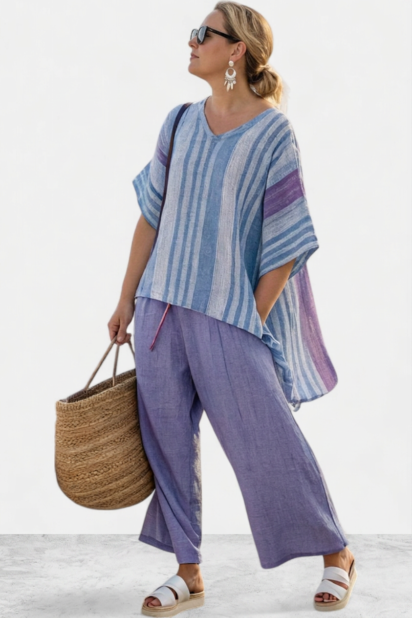 Carlotta – Top Elegant in Lavender & Sky Blue With Trousers Linen - Plus size model