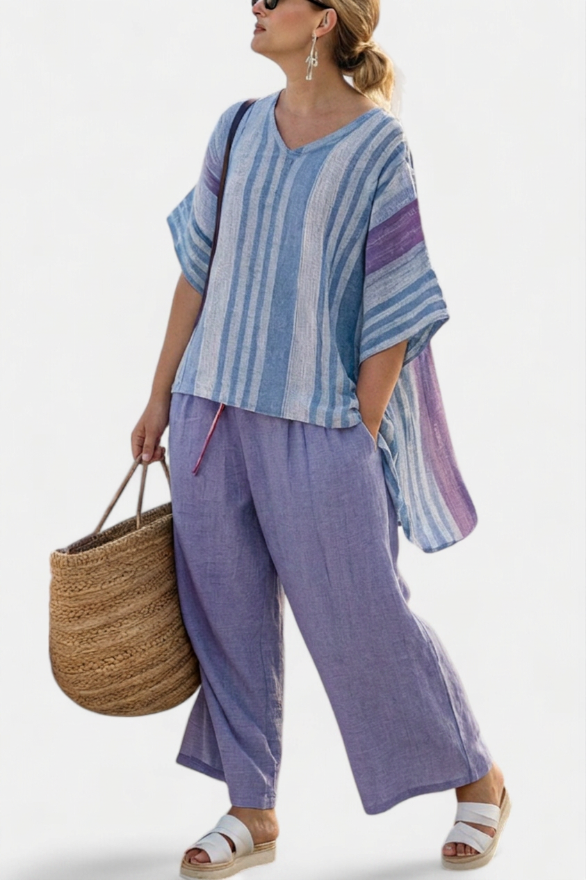 Carlotta – Top Elegant in Lavender & Sky Blue With Trousers Linen - Plus size model