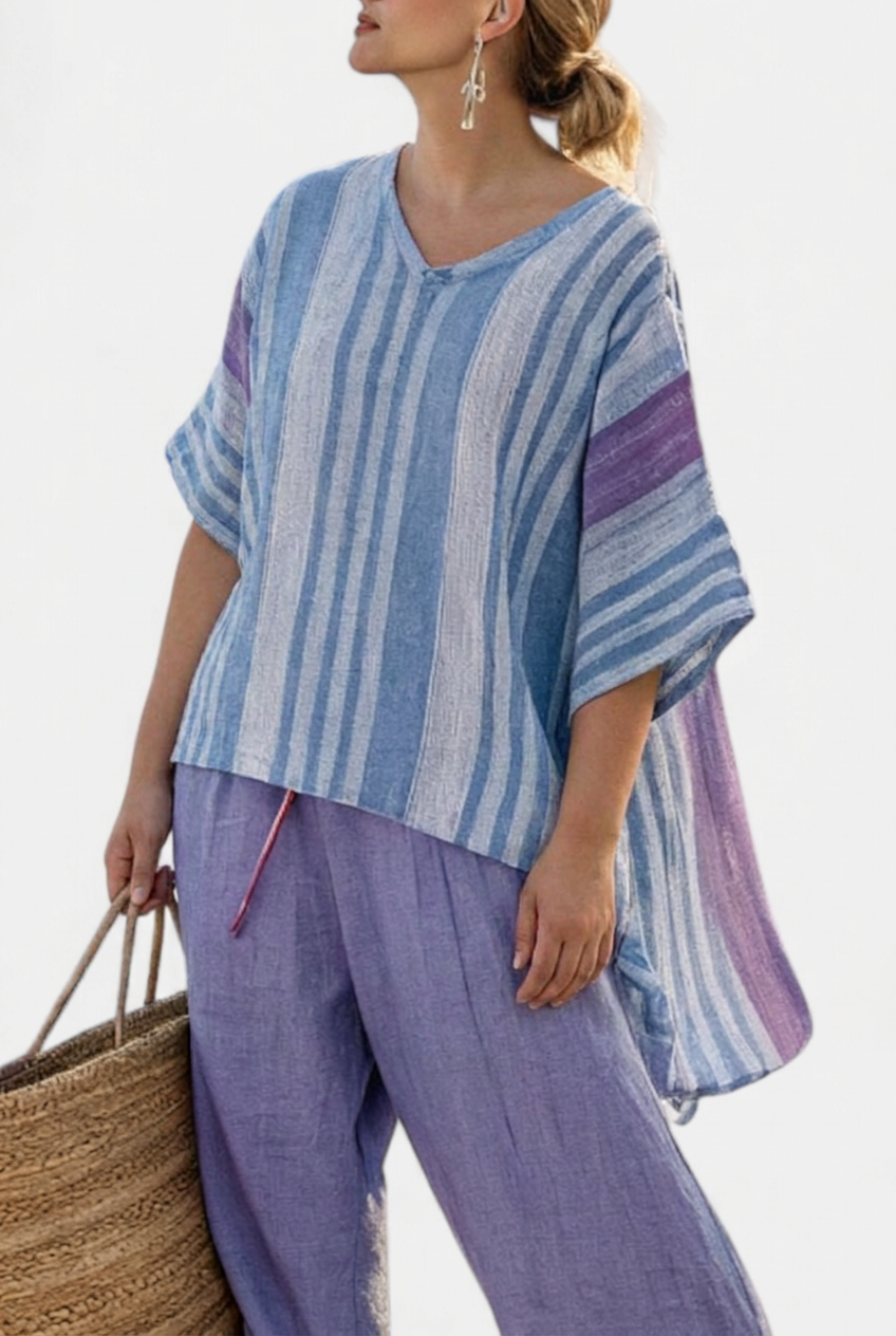 Carlotta – Top Elegant in Lavender & Sky Blue With Trousers Linen - Plus size model