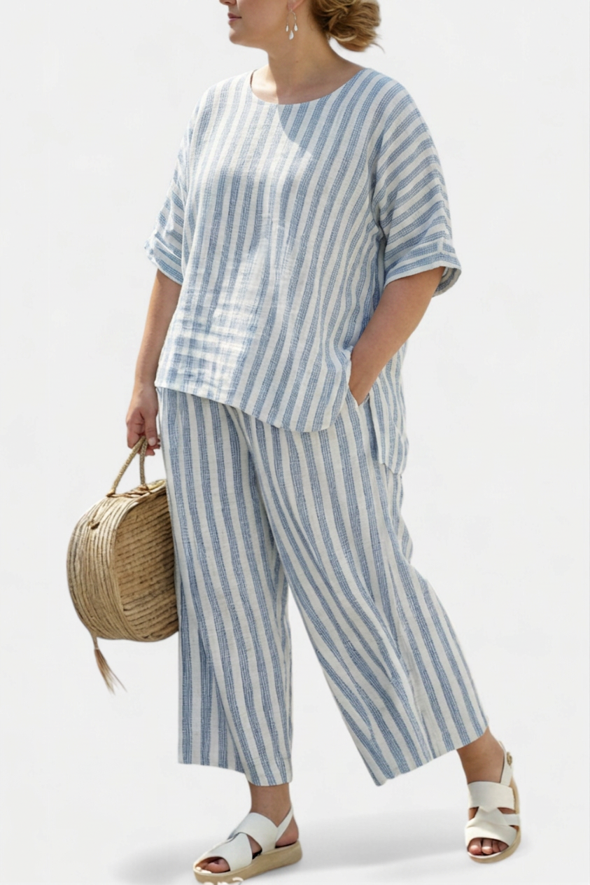 Federica — Top Sophisticated Linen With Blue Stripes & Relaxed Trousers - Plus size model