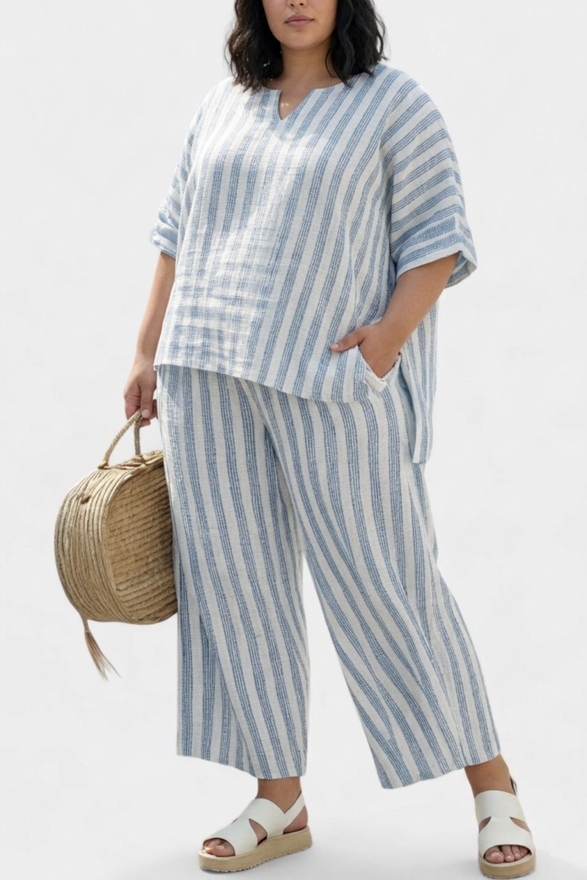 Federica — Top Sophisticated Linen With Blue Stripes & Relaxed Trousers - Plus size model