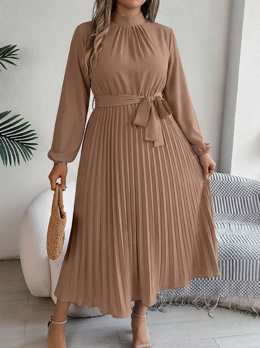 Priscilla | Pleated Belted Maxi Dress - Plus size model