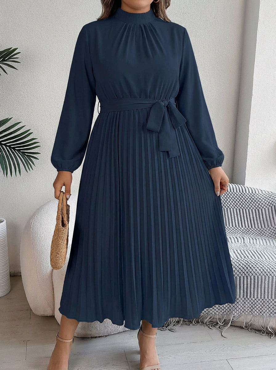 Priscilla | Pleated Belted Maxi Dress - Plus size model