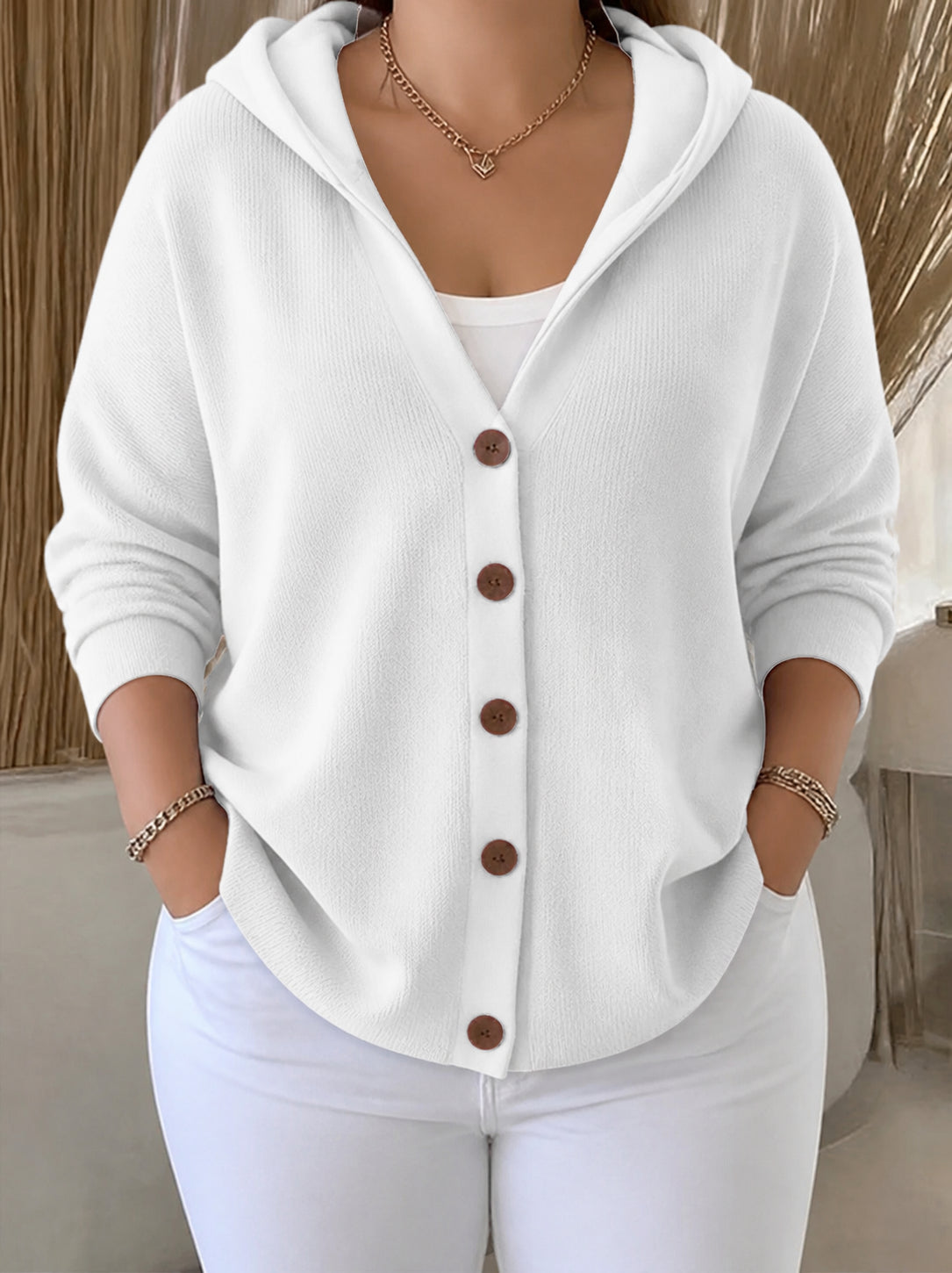 Darienne | Hooded Button-Up Knit Cardigan - Plus size model