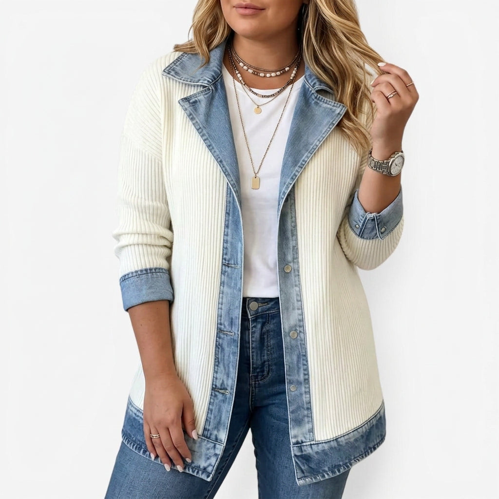 Hannah | Indigo Knit Jacket - Plus size model