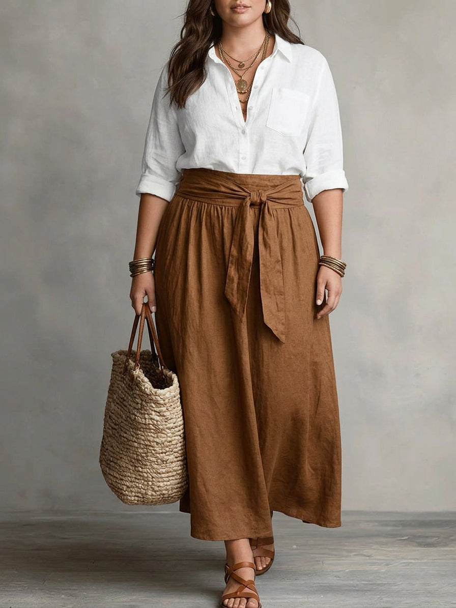 Vera – Two-Piece Set: Black T-Shirt and Olive Green Midi Skirt - Plus size model