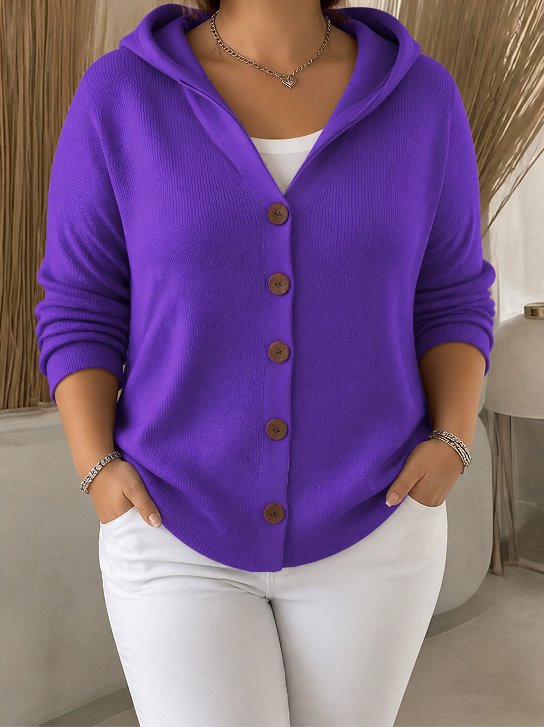 Darienne | Hooded Button-Up Knit Cardigan - Plus size model