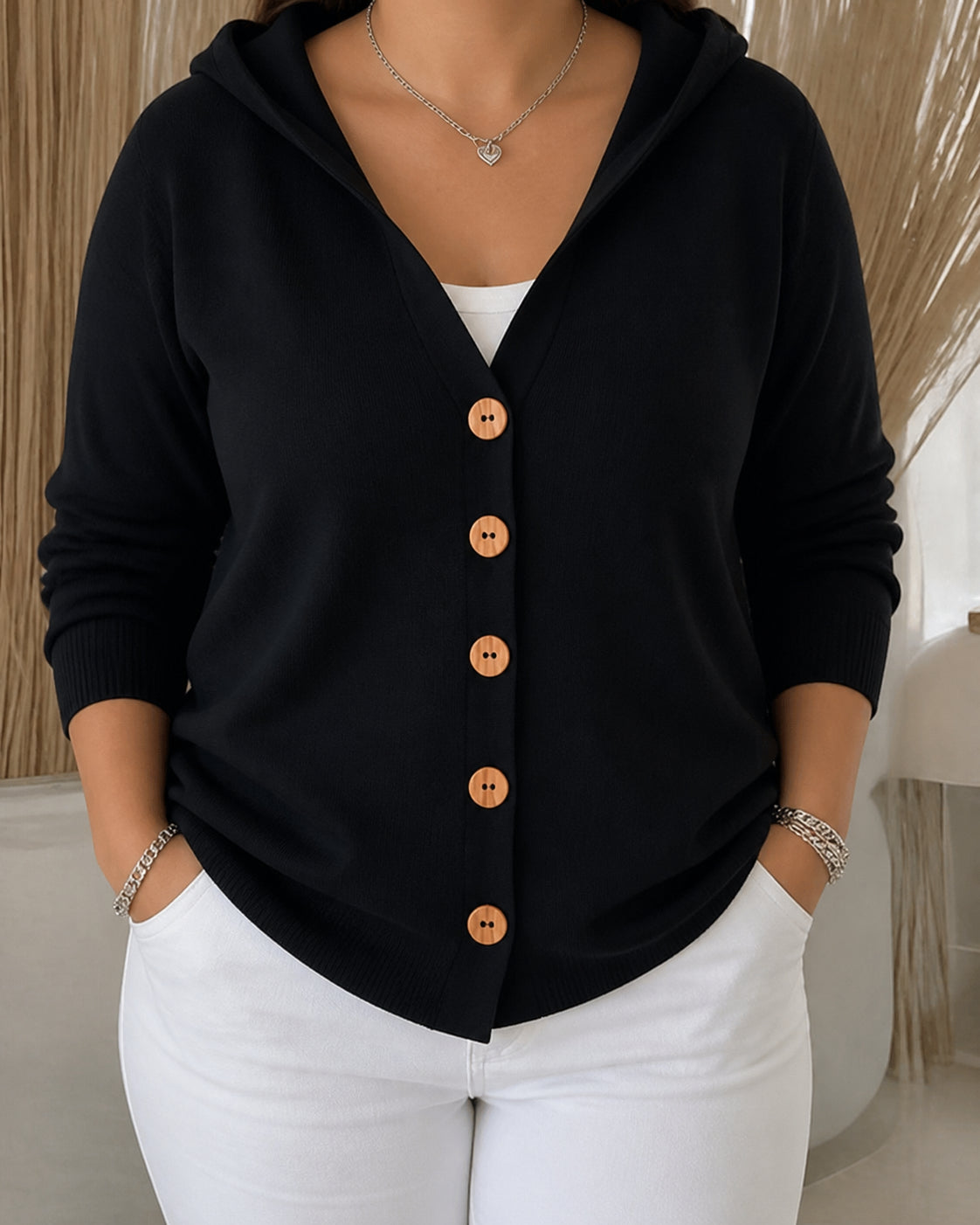 Darienne | Hooded Button-Up Knit Cardigan - Plus size model