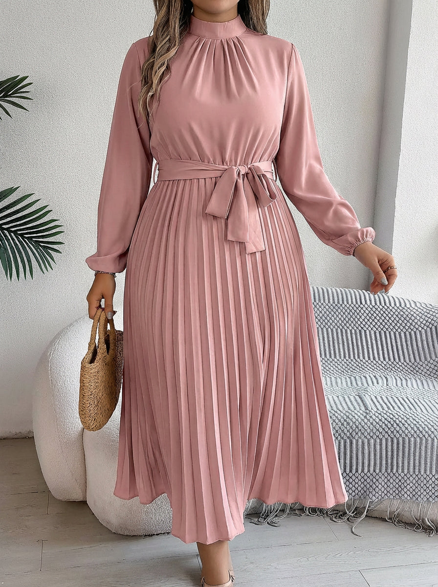 Priscilla | Pleated Belted Maxi Dress - Plus size model