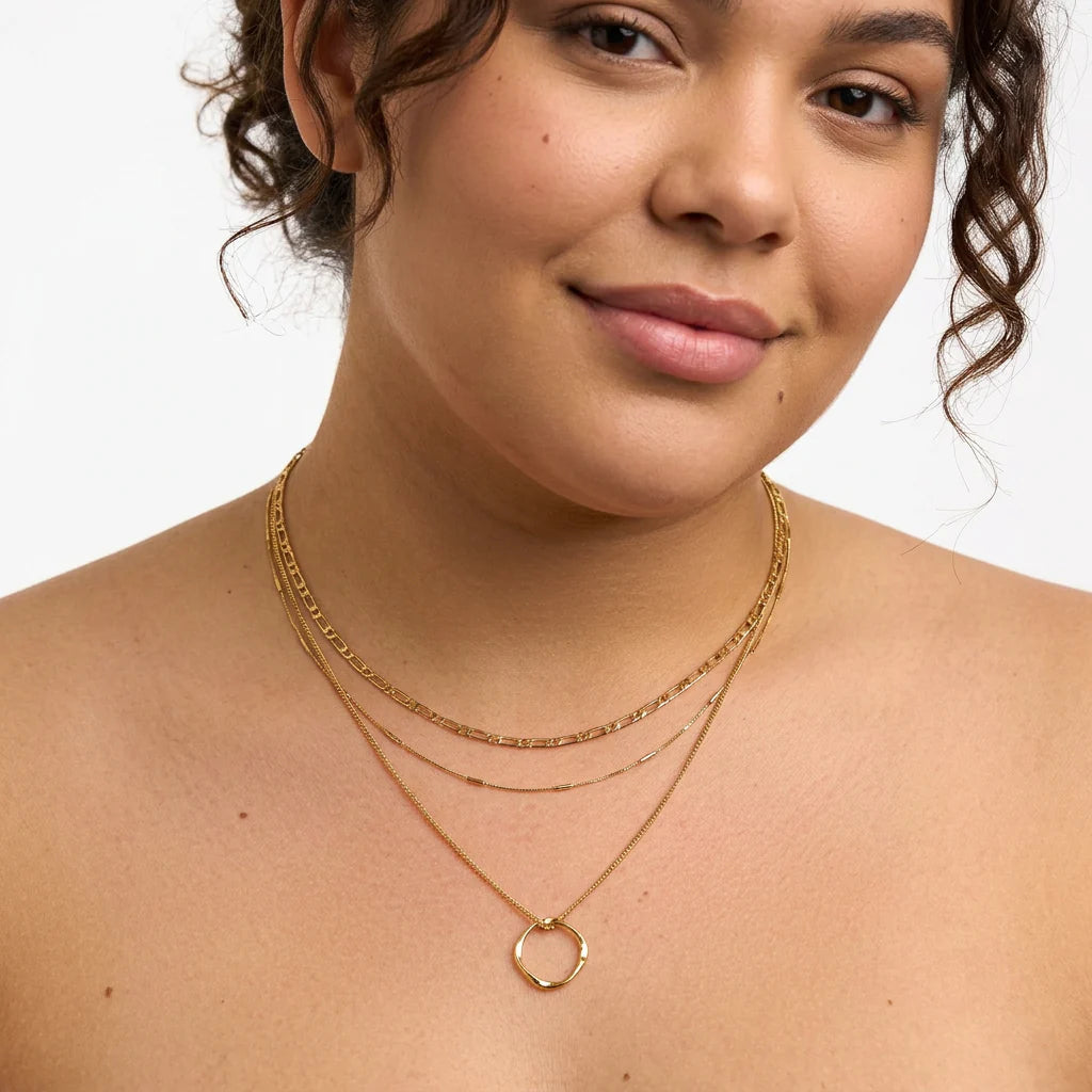 Open Circle Three Row Necklace | Gold - Plus size model