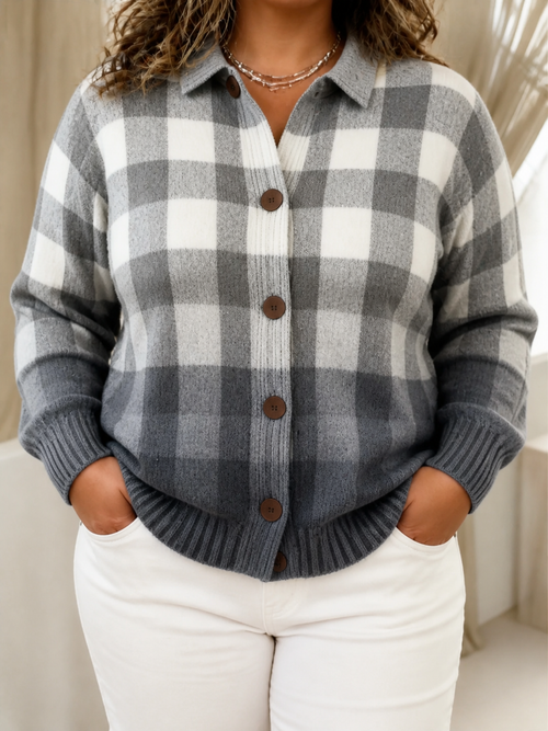 Agnes | Gray Ombre Plaid Button Cardigan - Plus size model