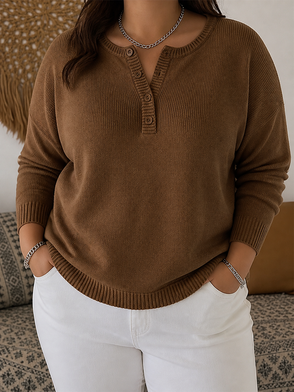 Helena | Henley Button-Up Knit Sweater - Plus size model