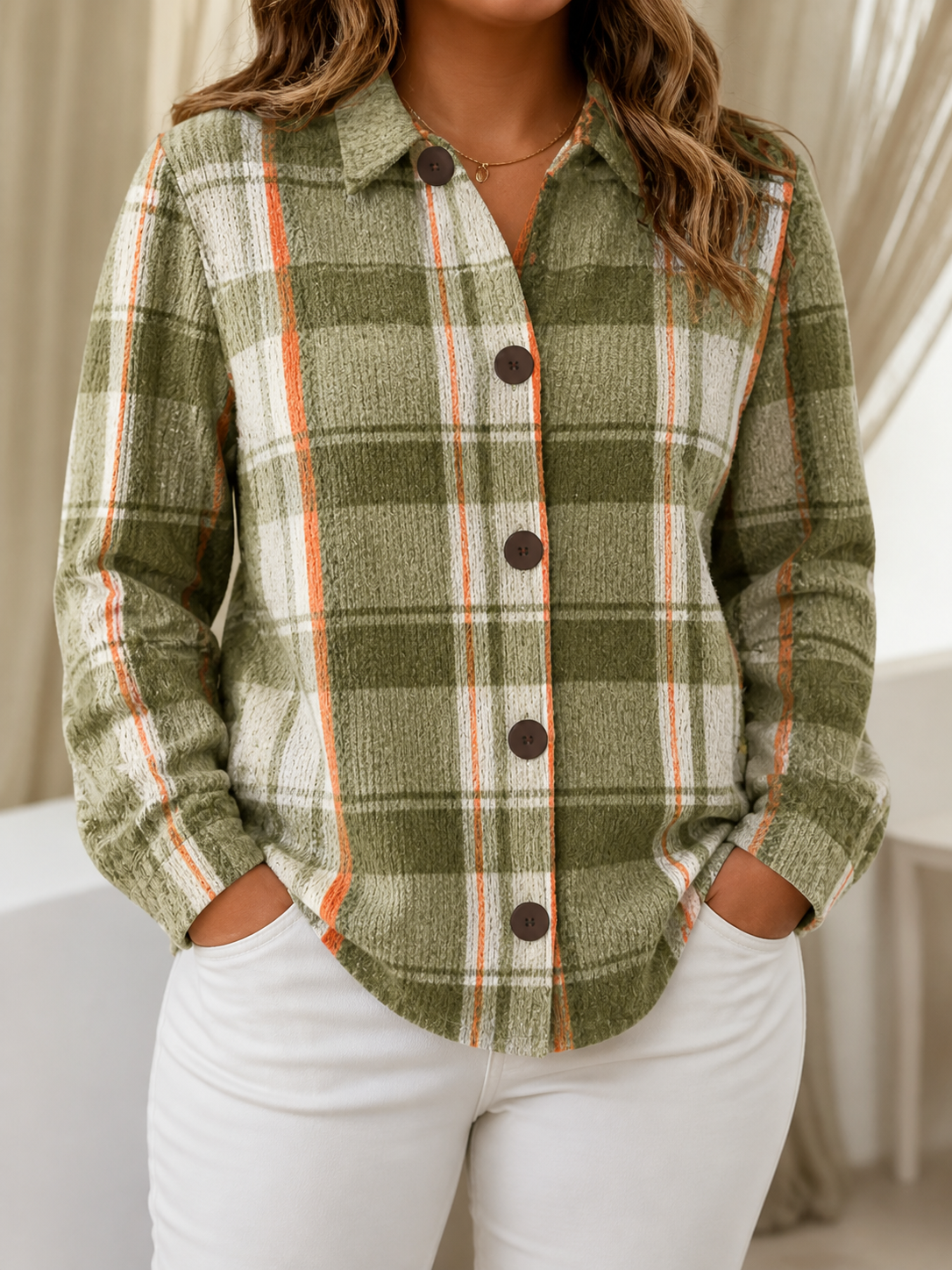 Hazel | Olive Plaid Button Cardigan - Plus size model