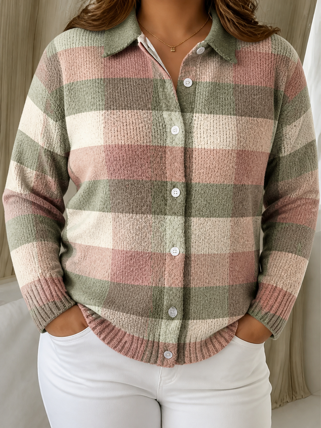 Grace | Pastel Plaid Knit Cardigan - Plus size model
