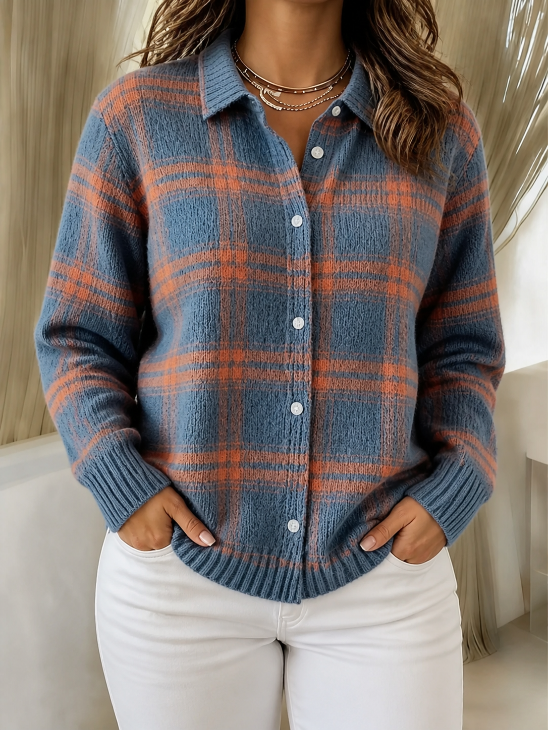 Zafira | Warm Blue Check Cardigan - Plus size model