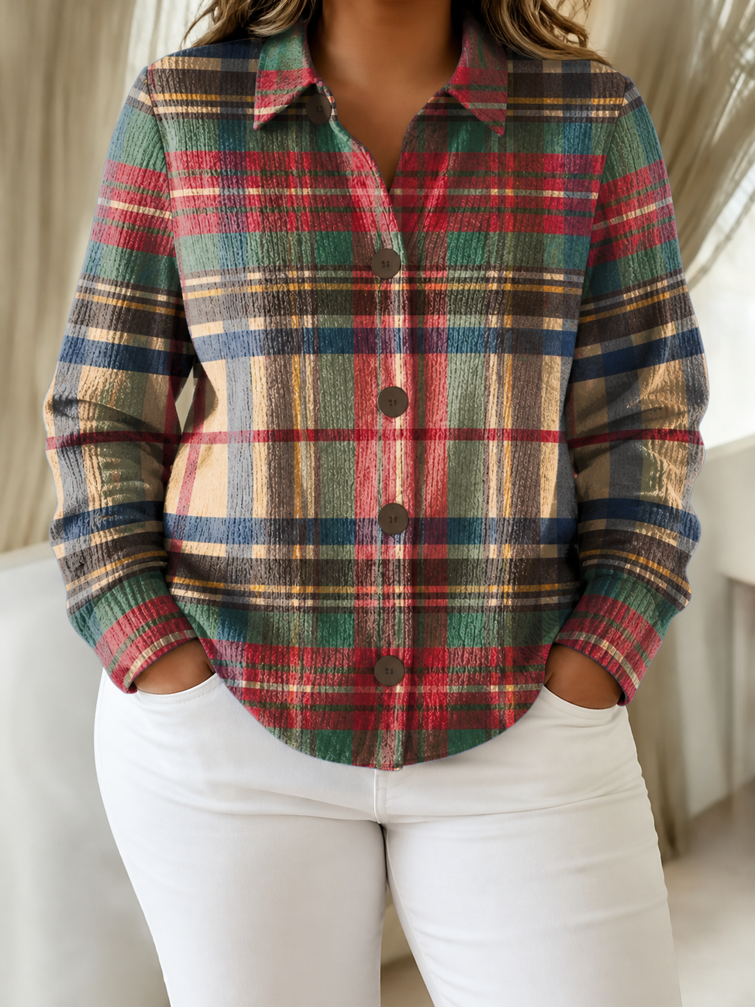 Gloria | Multicolor Plaid Button Cardigan - Plus size model