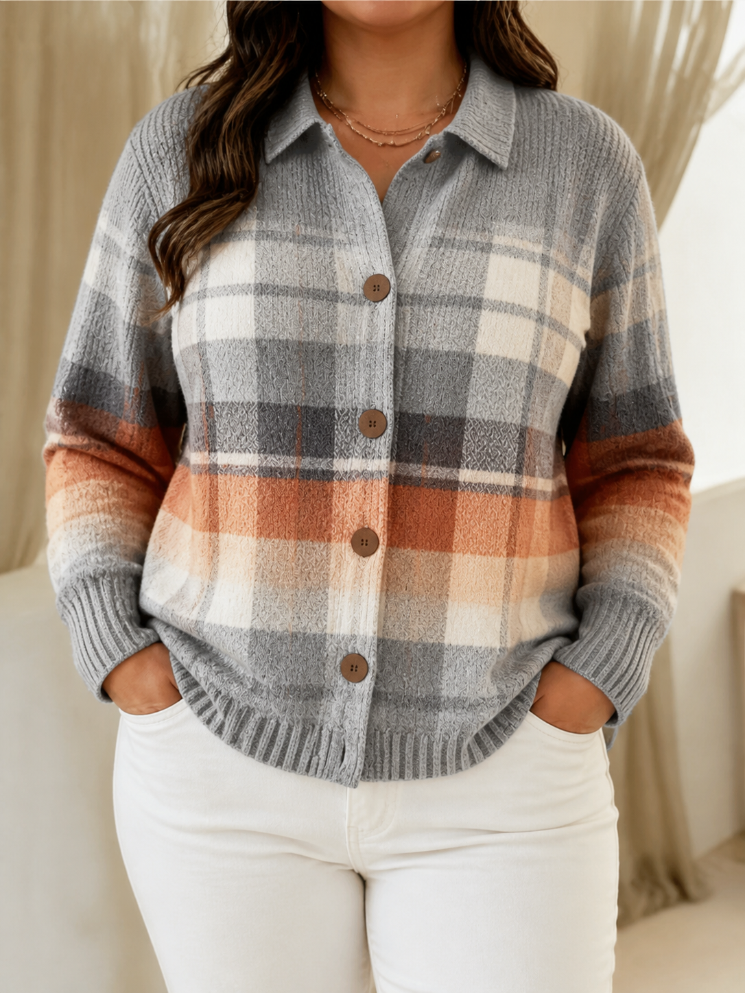 Marlene | Warm Ombre Plaid Cardigan - Plus size model