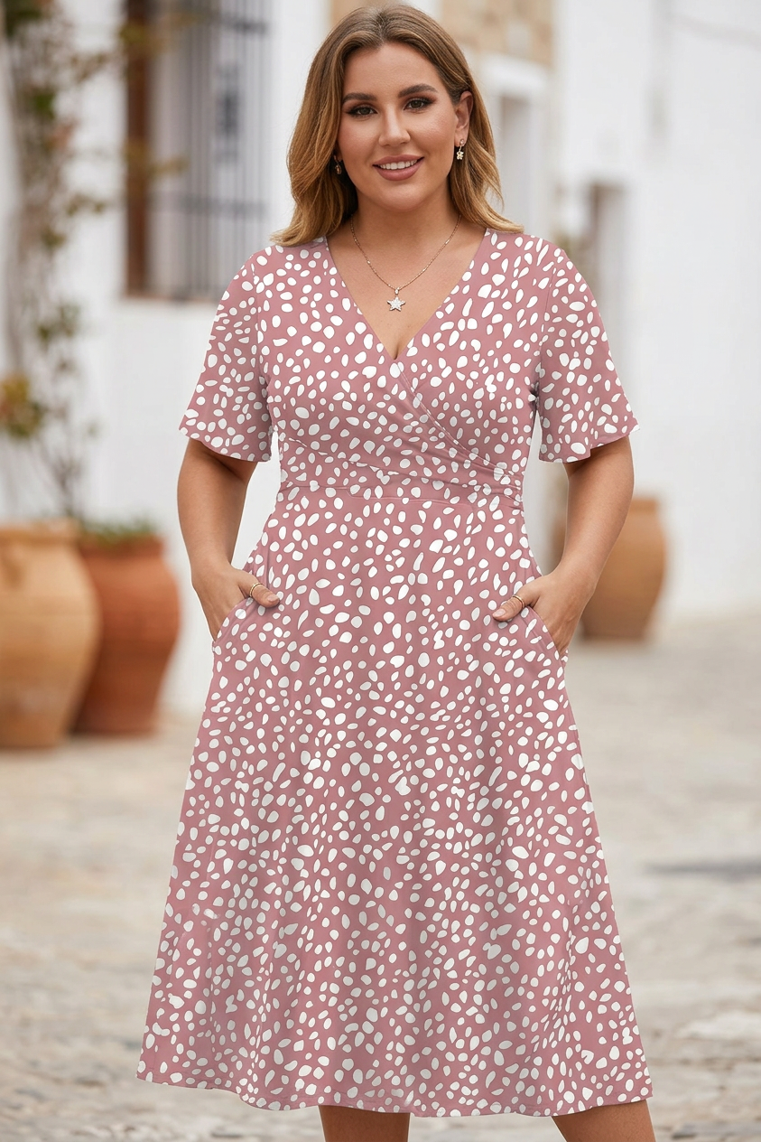 COLETTE | ELEGANT AND FLATTERING MIDI POLKA DOT DRESS FOR THE BELLY - Plus size model