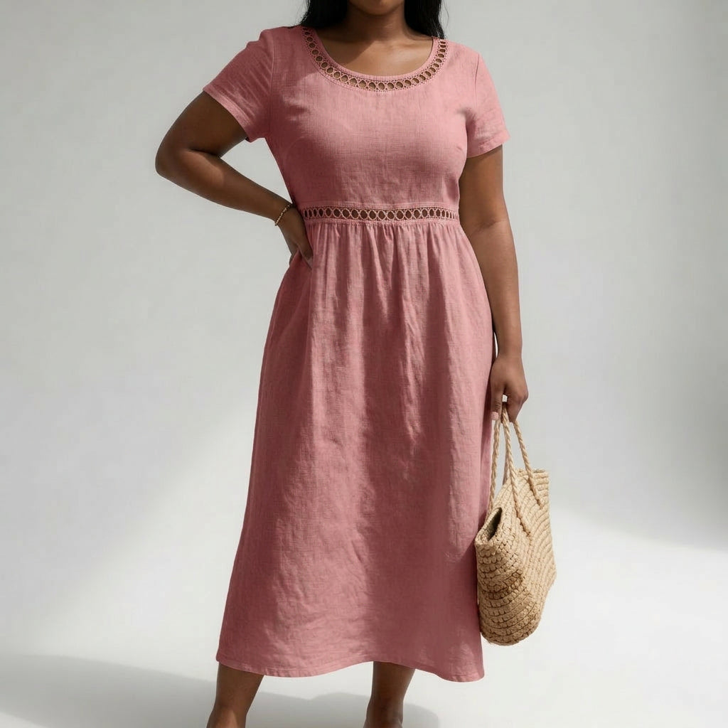 Pernelle™ — Mid-length dress 100% cotton embroidered with soft femininity - Plus size model