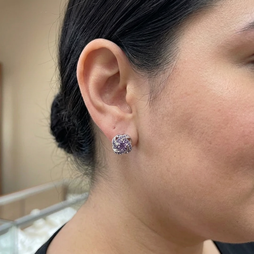 Purple Crystal Knot Earrings | White Gold - Plus size model