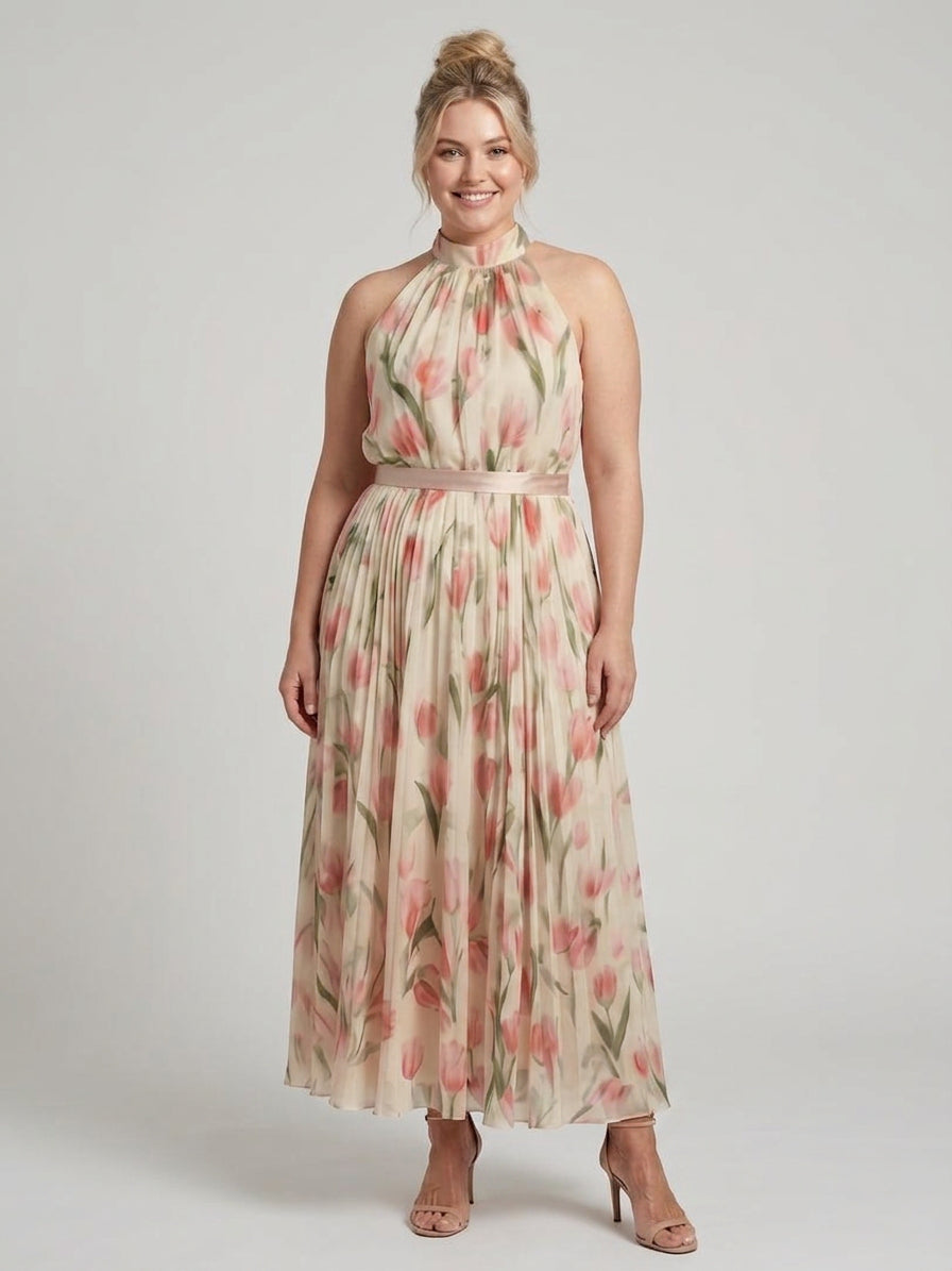 Aurelle | Halter Neck Floral Midi Dress - Plus size model