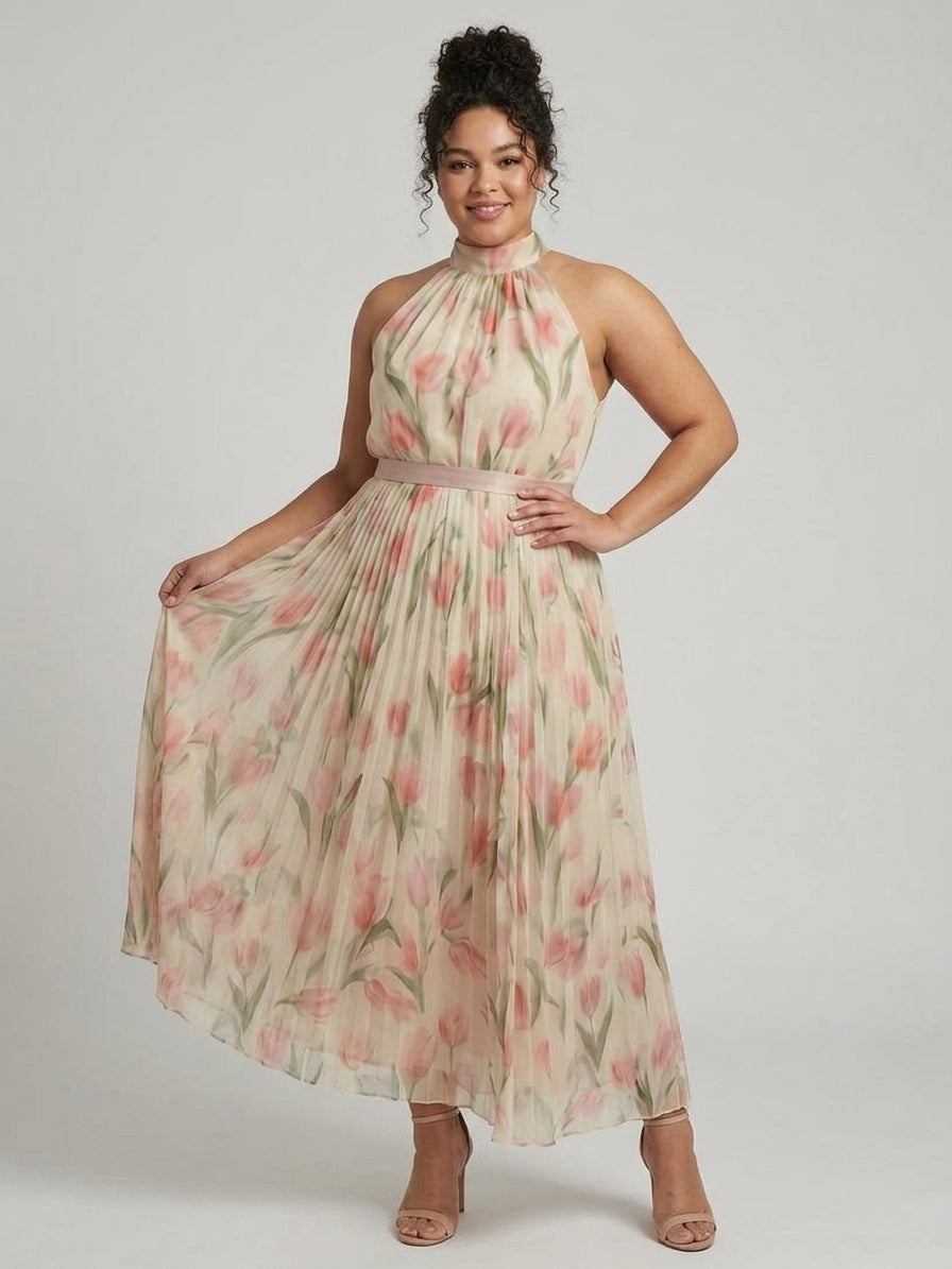 Aurelle | Halter Neck Floral Midi Dress - Plus size model