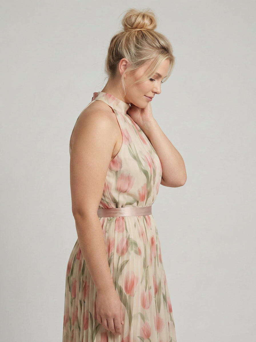 Aurelle | Halter Neck Floral Midi Dress - Plus size model
