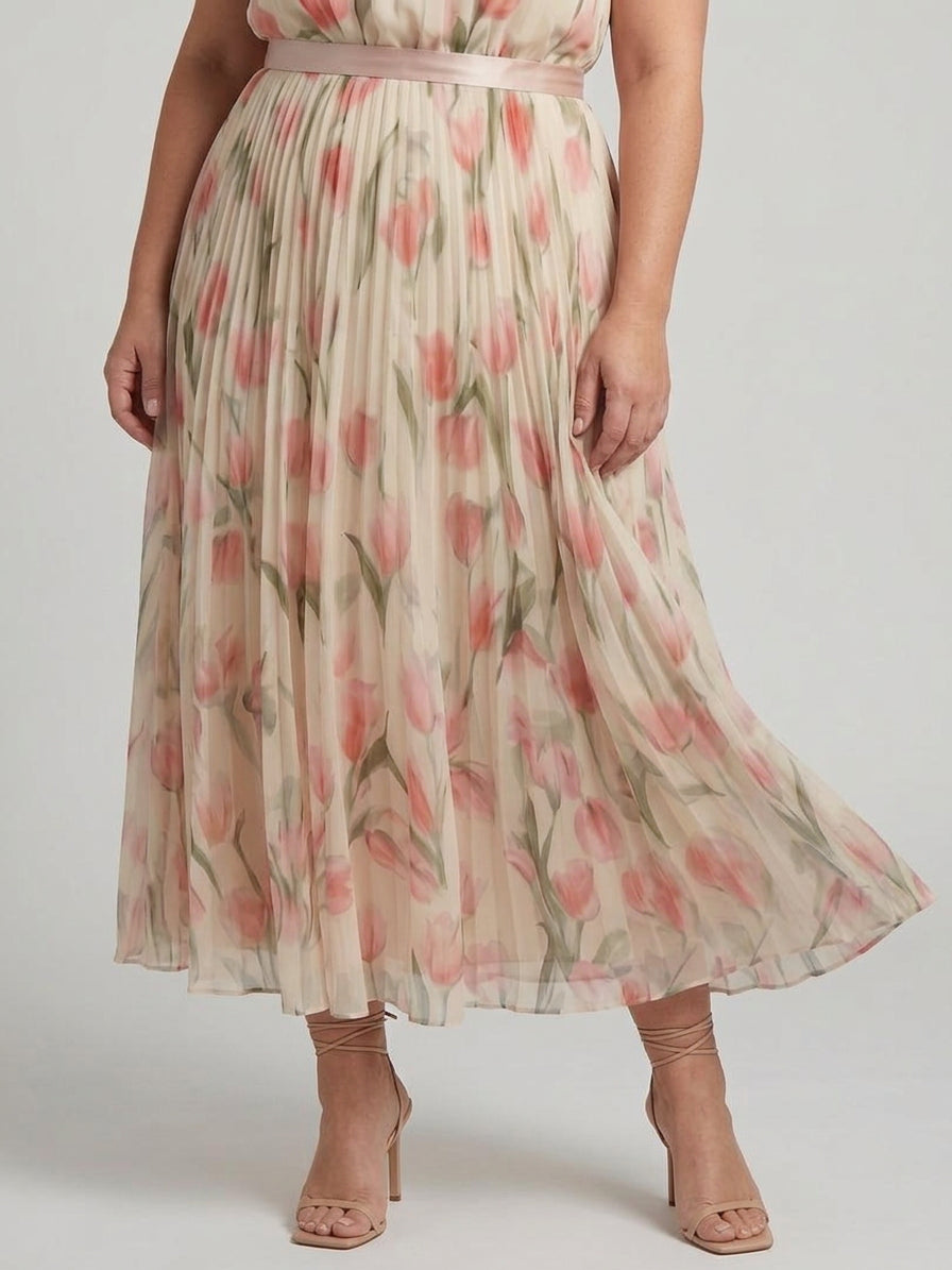 Aurelle | Halter Neck Floral Midi Dress - Plus size model