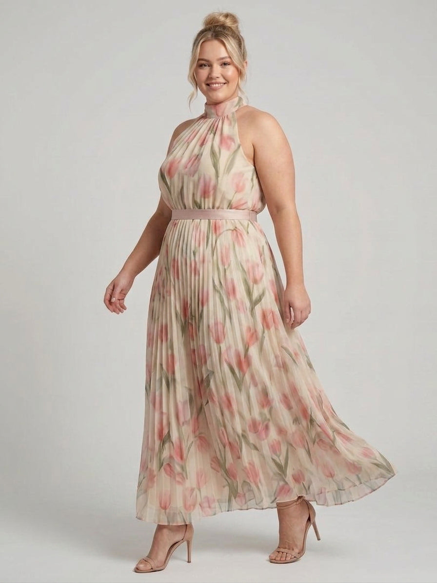 Aurelle | Halter Neck Floral Midi Dress - Plus size model
