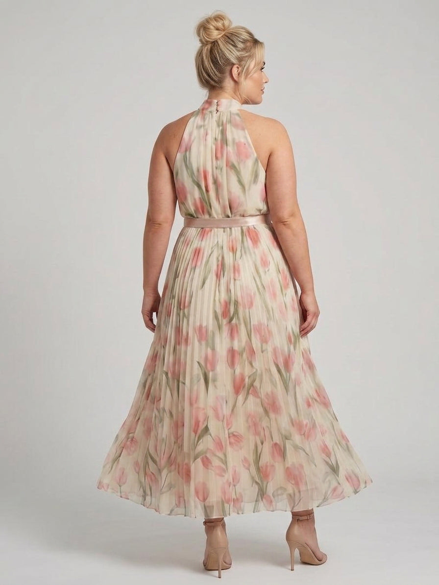 Aurelle | Halter Neck Floral Midi Dress - Plus size model