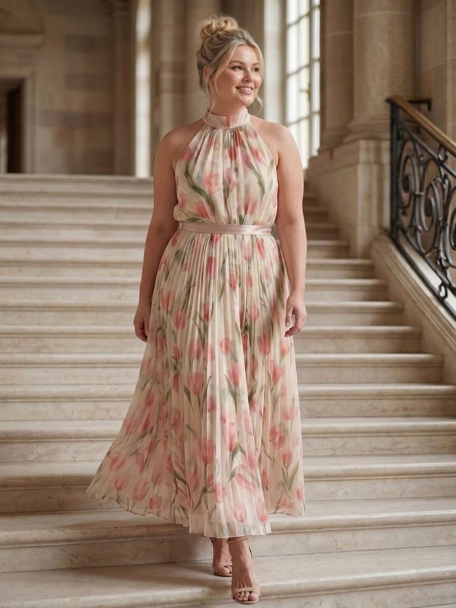 Aurelle | Halter Neck Floral Midi Dress - Plus size model