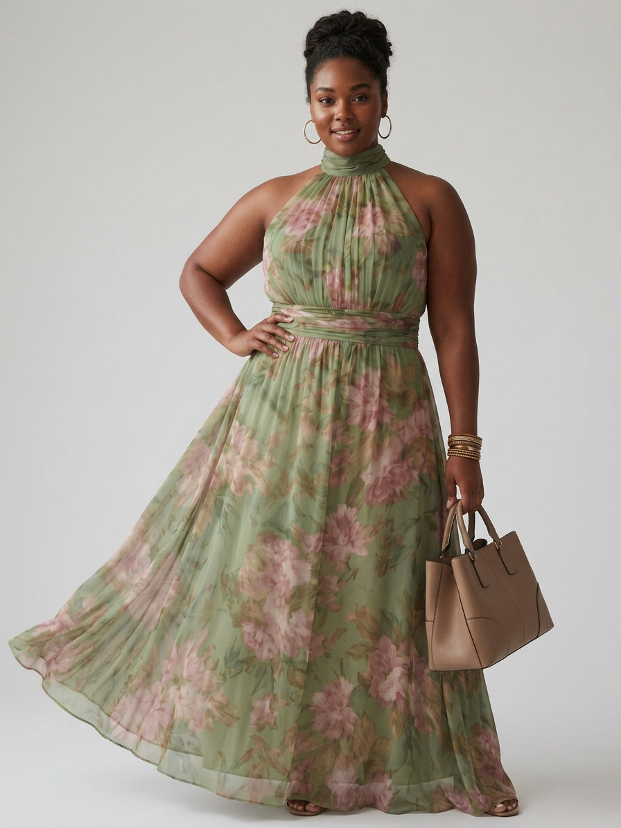 Mirelle | Gathered Halter Midi Dress - Plus size model
