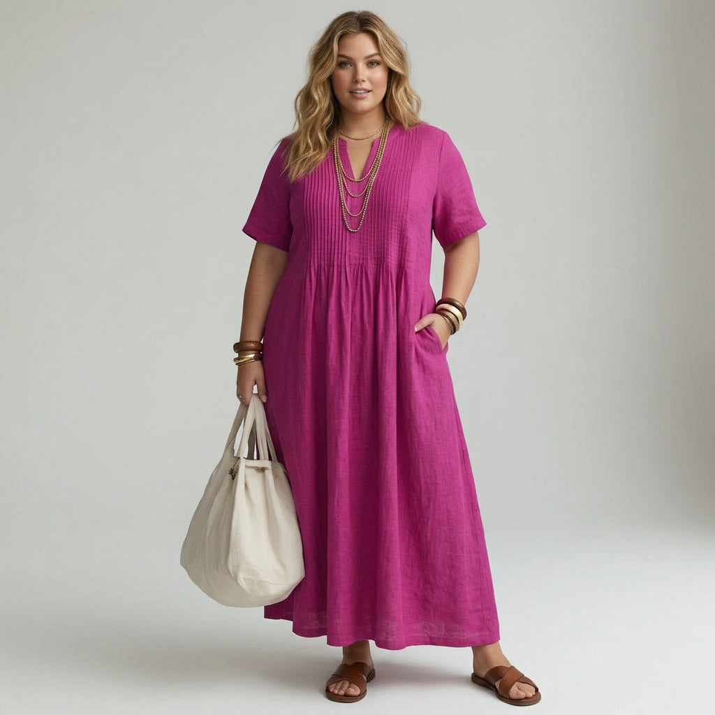 Pélagie — Long Cotton Dress with V-Neck for Summer Freedom - Plus size model