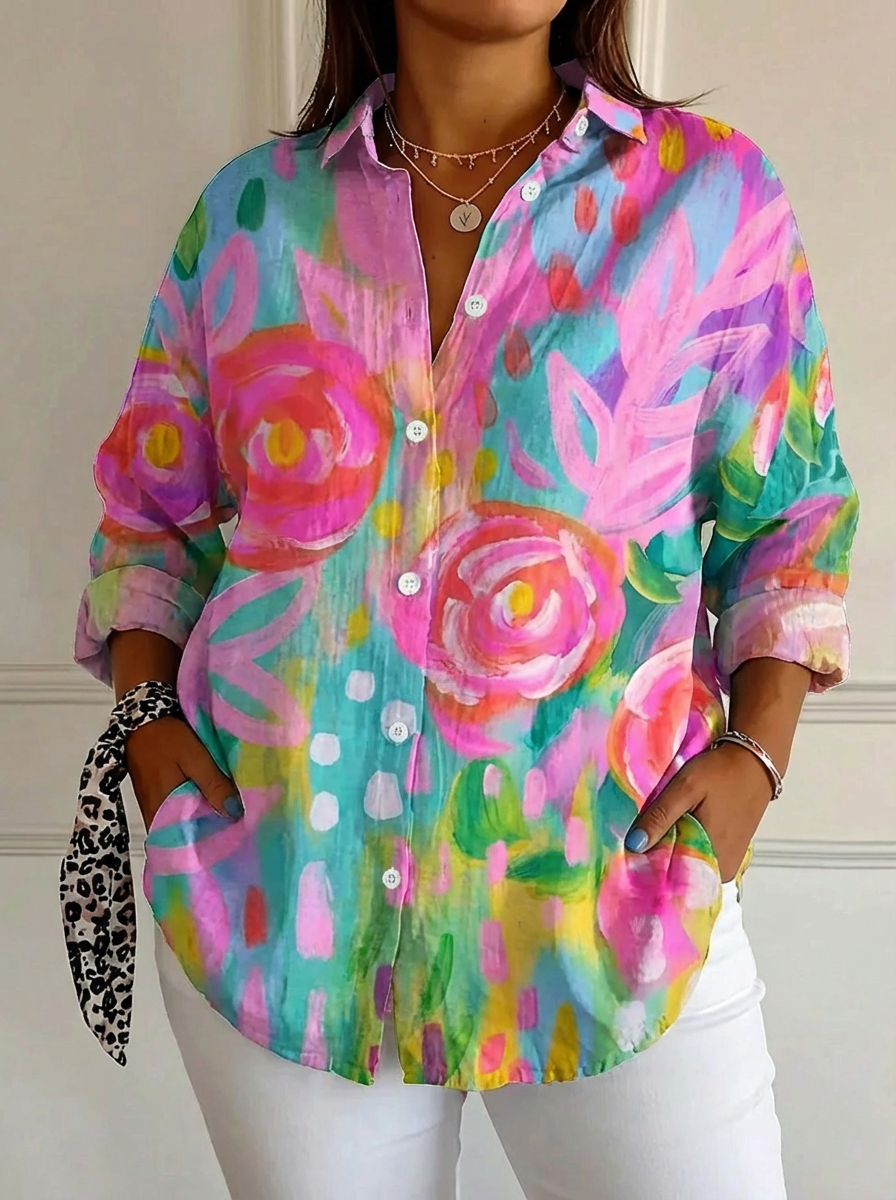 Terri | Colorful Blouse with Playful Print - Plus size model