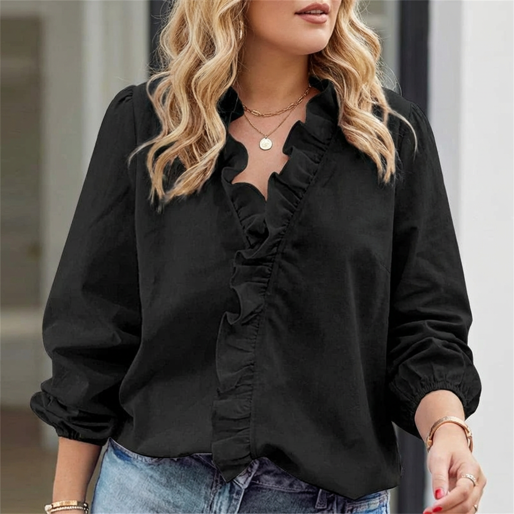 Enola | Feminine Blouse with Playful Ruffles - Plus size model