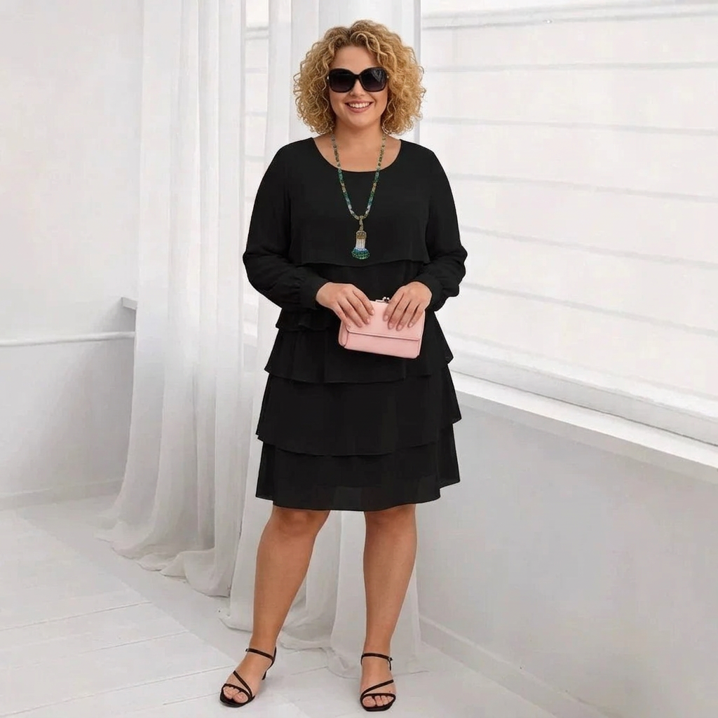 Margaret | Elegant Comfort Ruffle Dress Long Sleeve - Plus size model