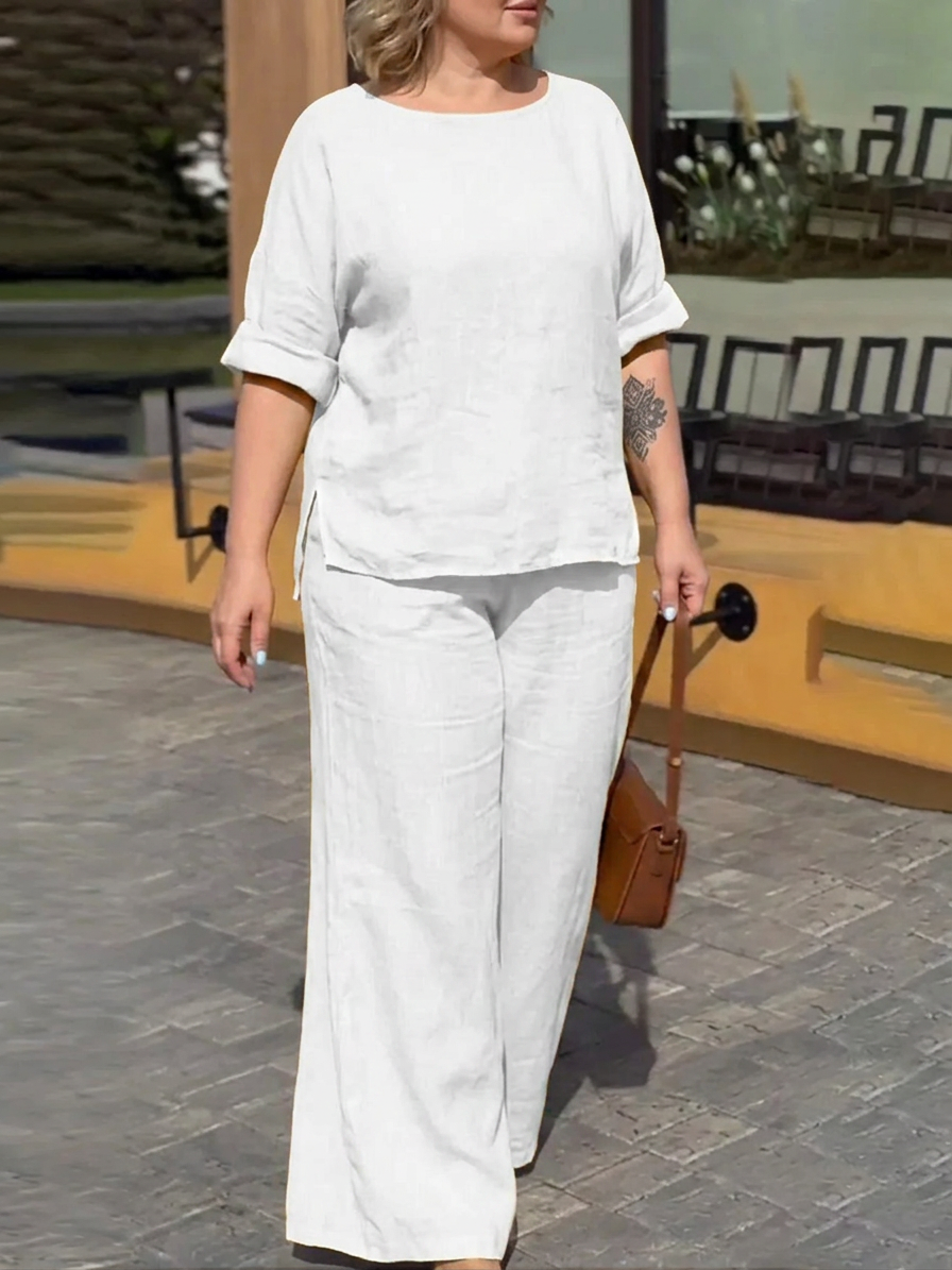 Charlotte - Women Round Neck Long Sleeve Trousers Set - Plus size model
