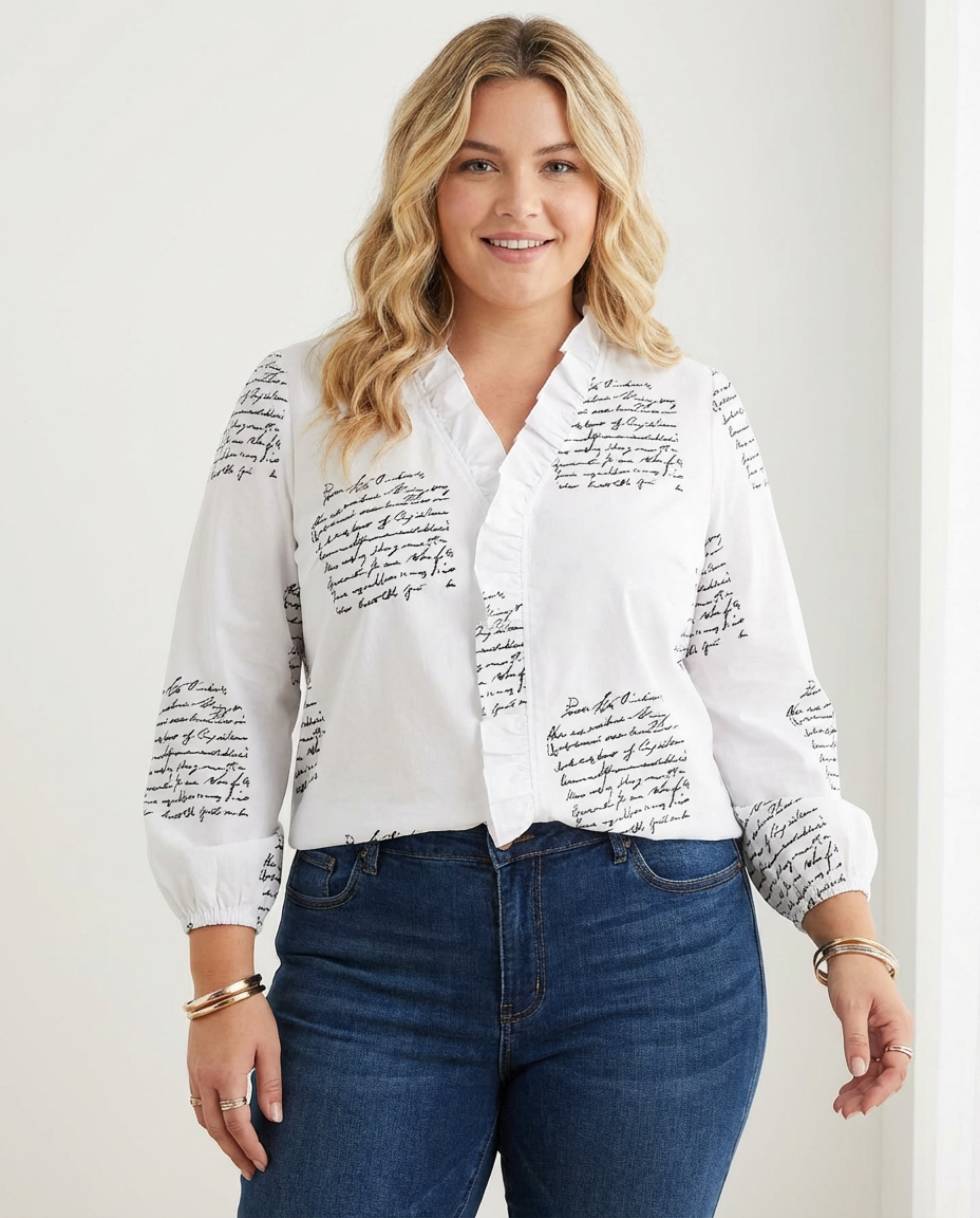 Enola | Feminine Blouse with Playful Ruffles - Plus size model