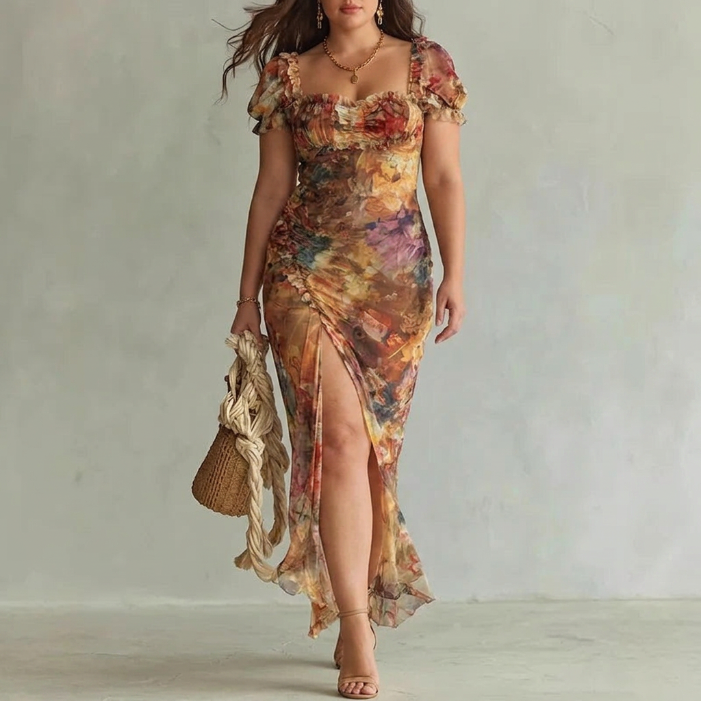 ROSALIND | Floral Maxi Dress Puff Sleeve Square Neck Elegant Fitted Style - Plus size model