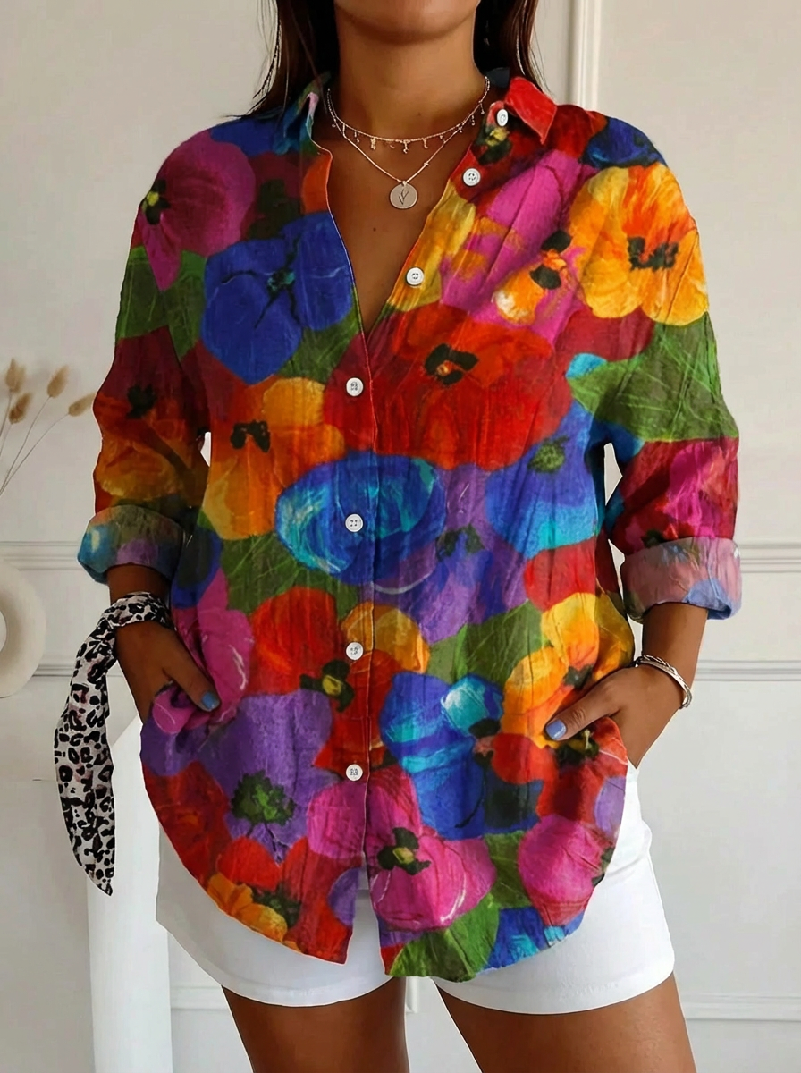 Terri | Colorful Blouse with Playful Print - Plus size model