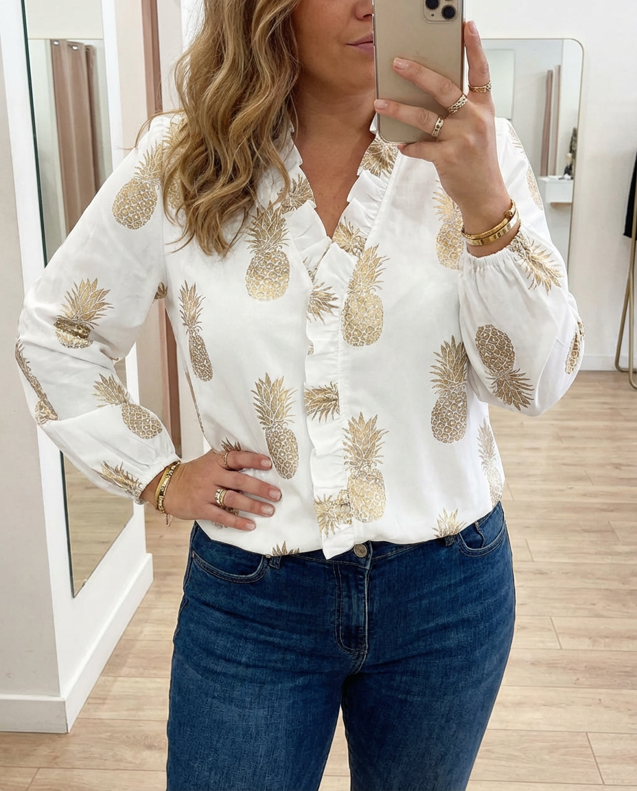 Enola | Feminine Blouse with Playful Ruffles - Plus size model