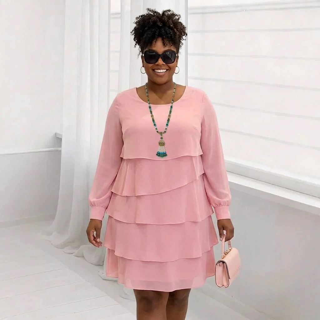Margaret | Elegant Comfort Ruffle Dress Long Sleeve - Plus size model