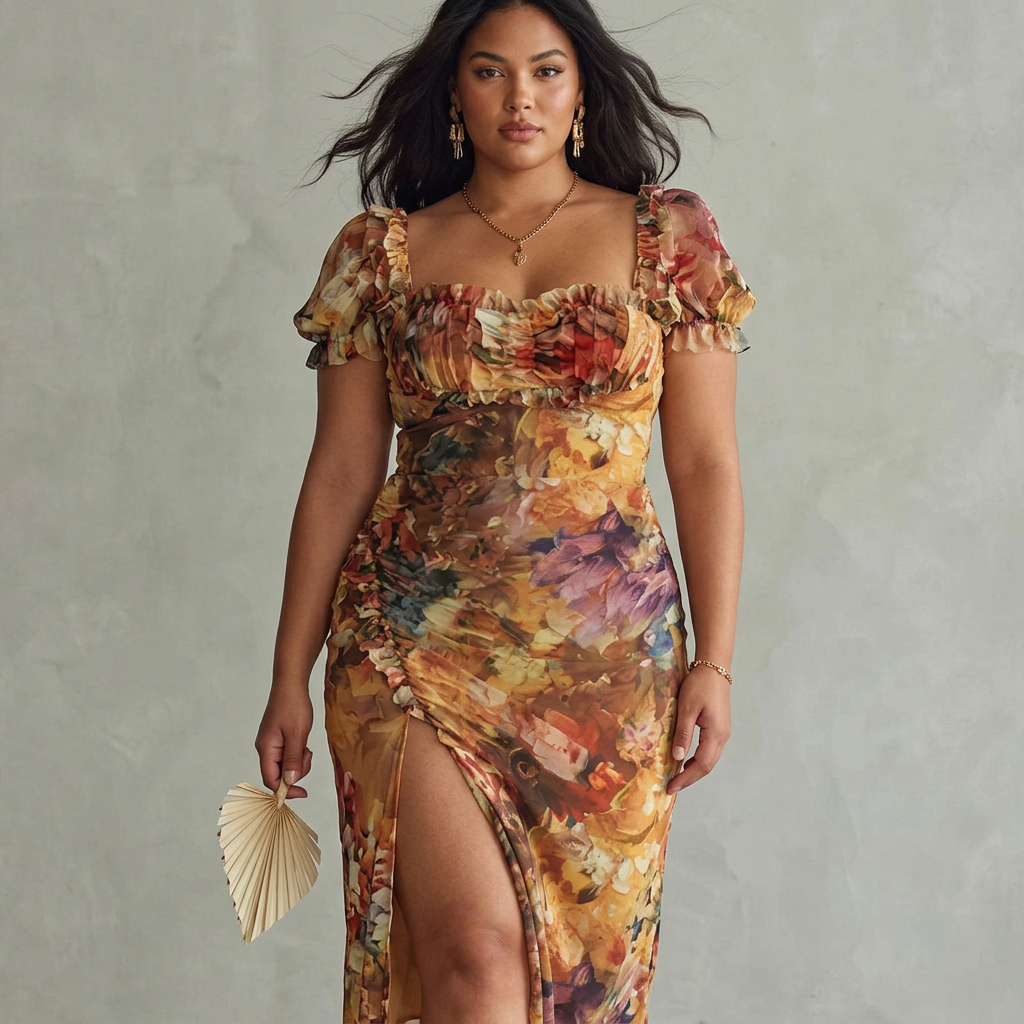 ROSALIND | Floral Maxi Dress Puff Sleeve Square Neck Elegant Fitted Style - Plus size model