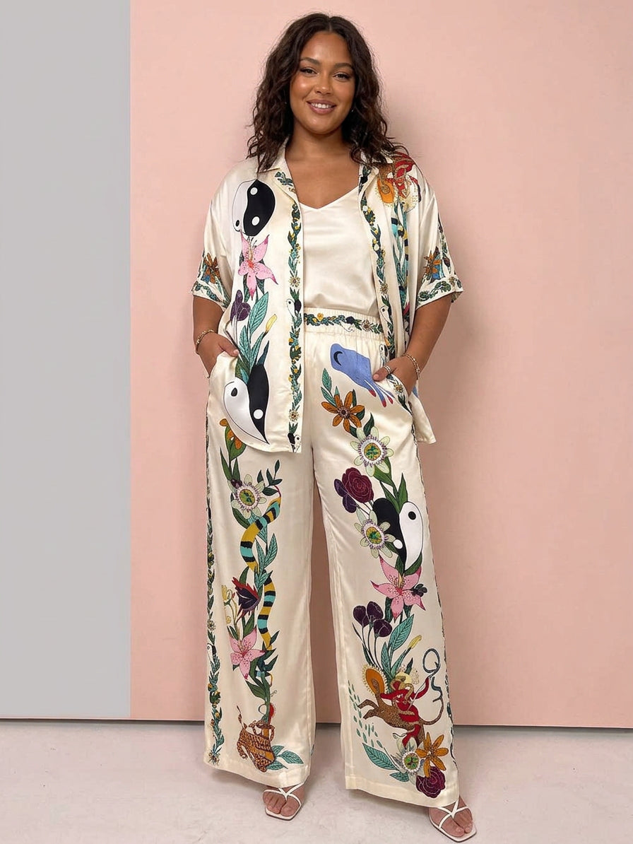 Nika | Resort Vibes Satin unique print shirt & trousers set Fit - Plus size model