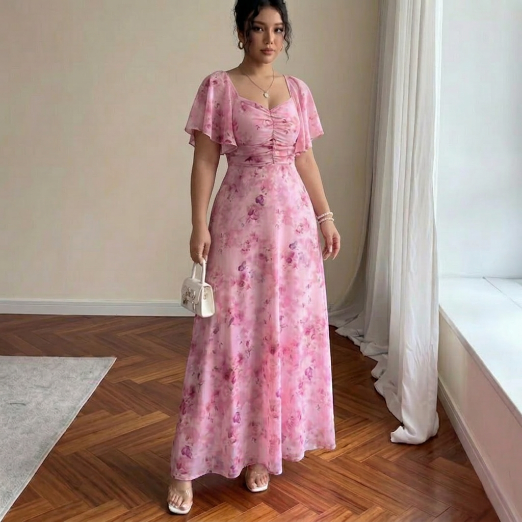 Catalina – Elegant Slim Dress with Ruffle Sleeves - Plus size model