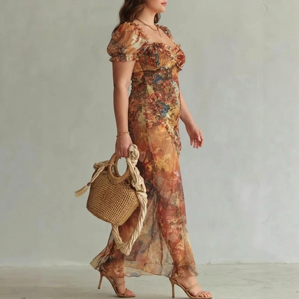 ROSALIND | Floral Maxi Dress Puff Sleeve Square Neck Elegant Fitted Style - Plus size model