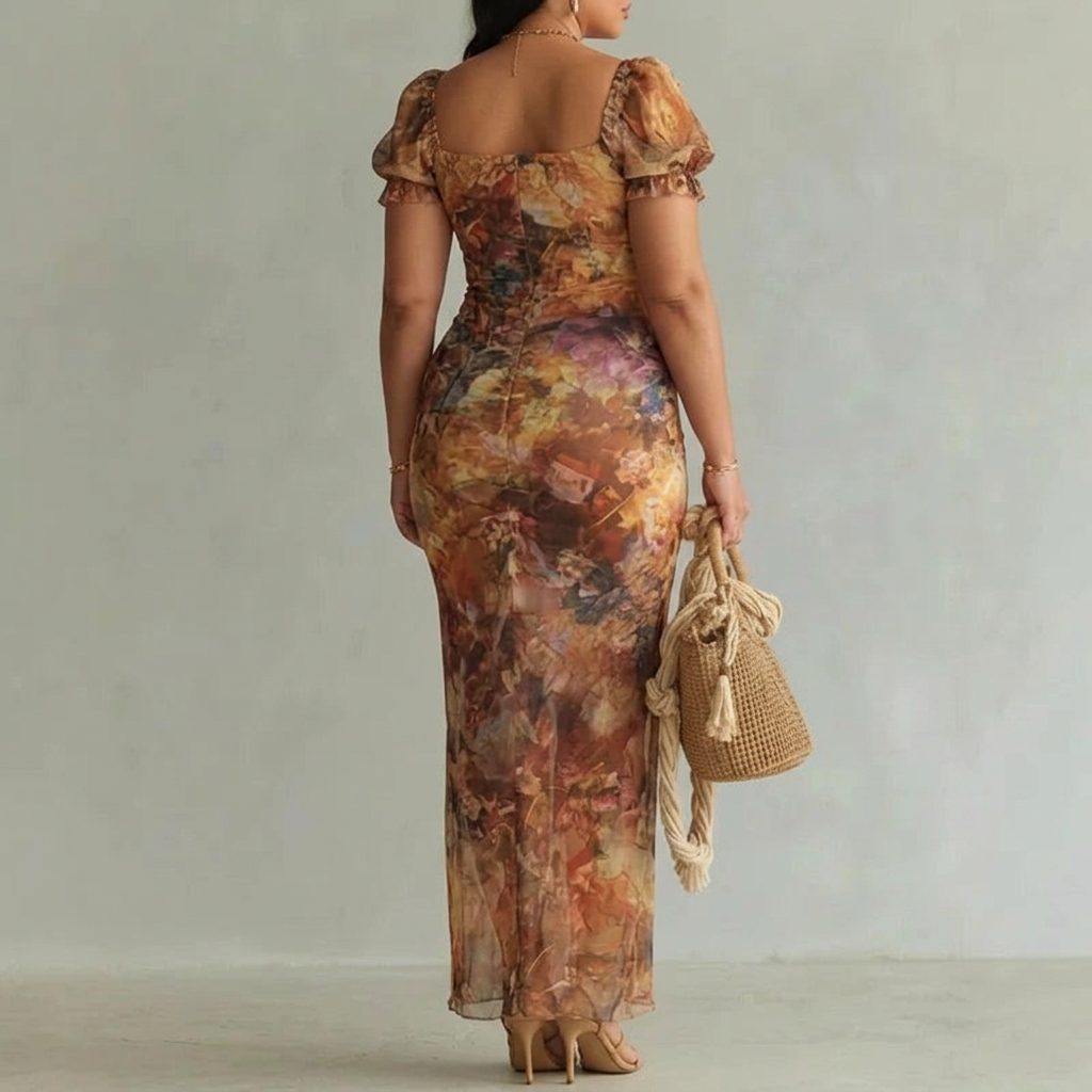 ROSALIND | Floral Maxi Dress Puff Sleeve Square Neck Elegant Fitted Style - Plus size model