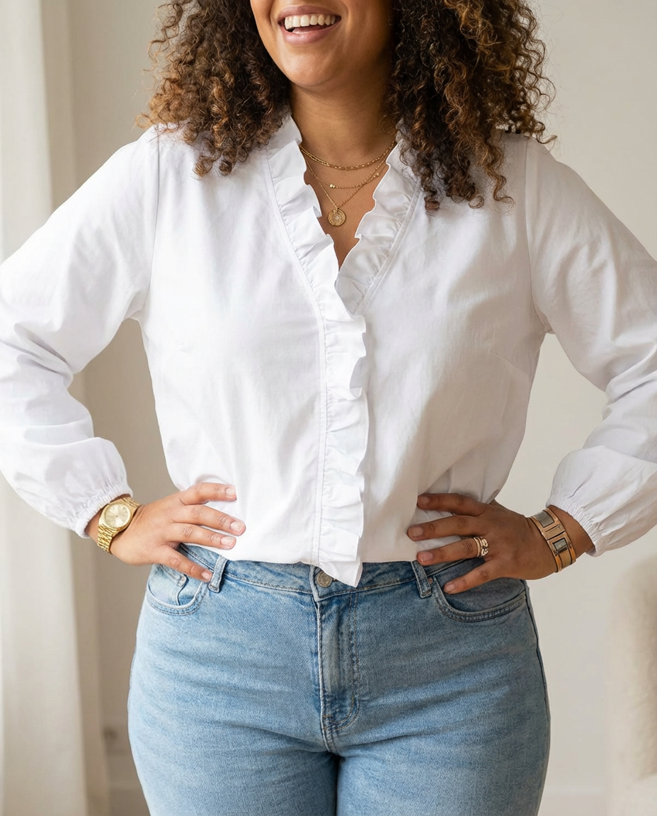 Enola | Feminine Blouse with Playful Ruffles - Plus size model